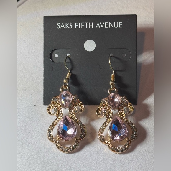 Saks Fifth Avenue Pink Crystal Gold Statement Earrings 2.25in - Picture 5 of 6